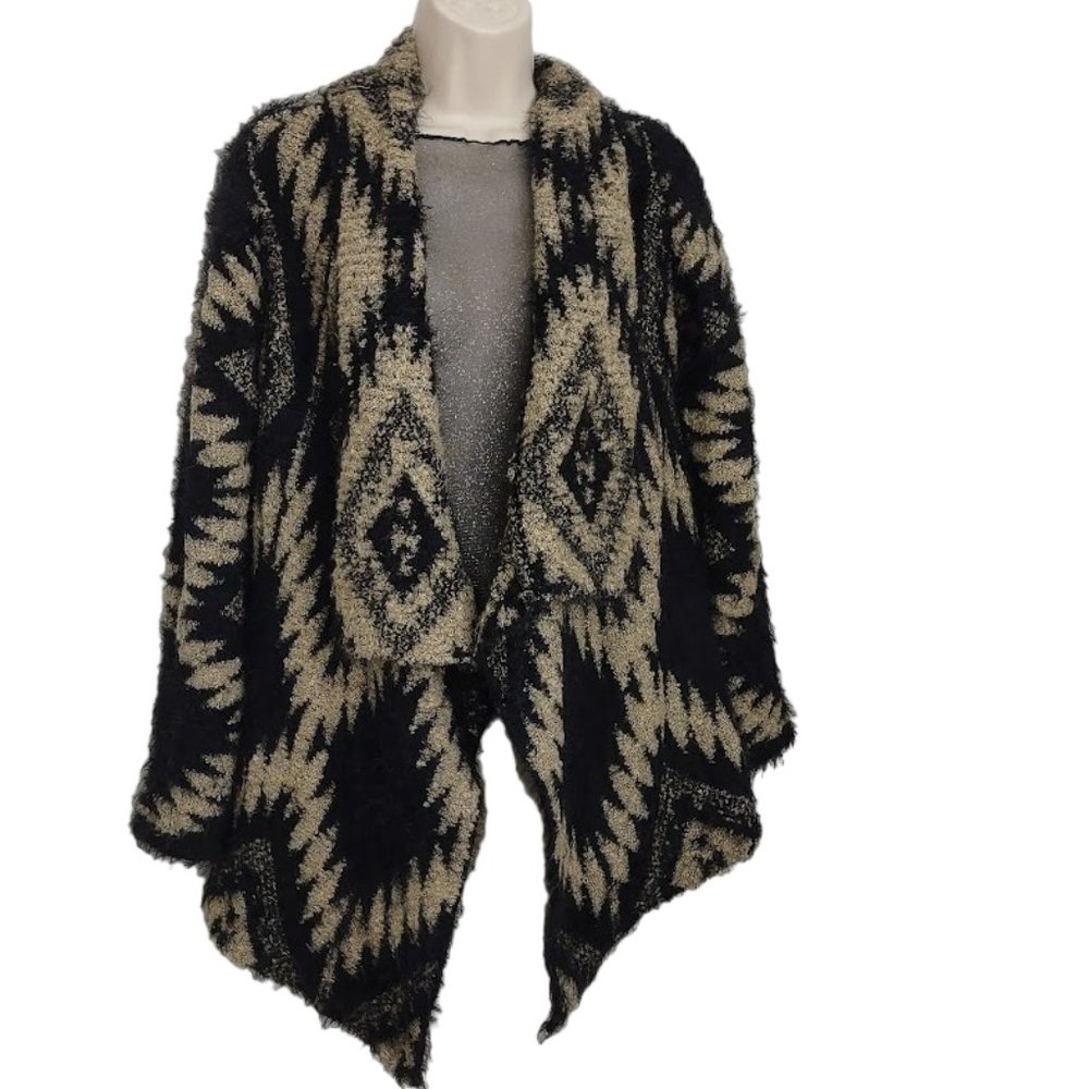 Sioni Boho Chevron Open Front Waterfall Collar Cardigan Sweater Small